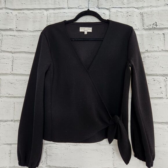 Madewell Texture and Thread Women's Black Long-Sleeved Open Tied Wrap Top Size S - Picture 3 of 12